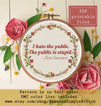 Load image into Gallery viewer, Swanson I hate the public cross stitch pattern