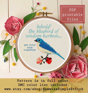 Blue bird of wisdom cross stitch pattern