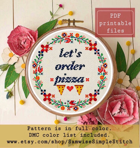 Let’s order pizza cross stitch pattern