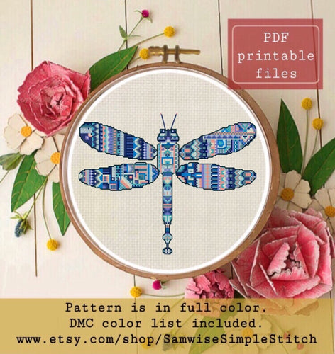 Colorful dragonfly cross stitch pattern