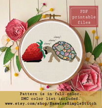 Load image into Gallery viewer, Baby turtle eating a strawberry cross stitch pattern