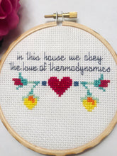 Load image into Gallery viewer, Ready now! Thermodynamics framed and finished cross stitch