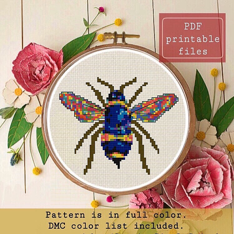 Rainbow bee cross stitch pattern
